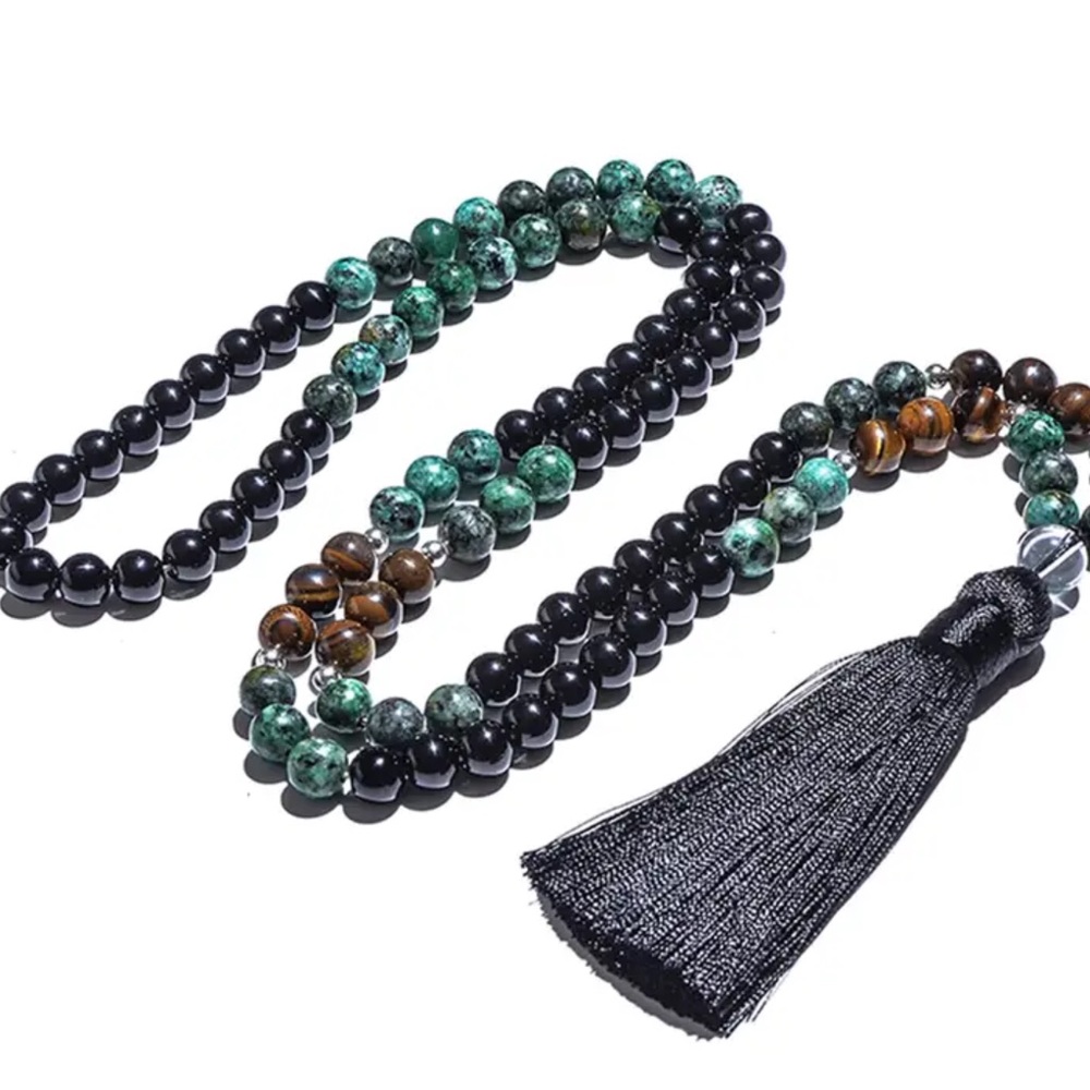 African turquoise, obsidian and tigers eye mala and bracelet set - Picture 2 of 7